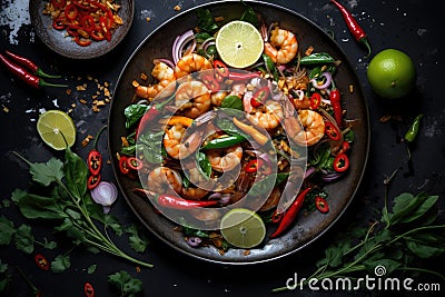 Delicious Thai food on black plate. Stir fry top view Stock Photo