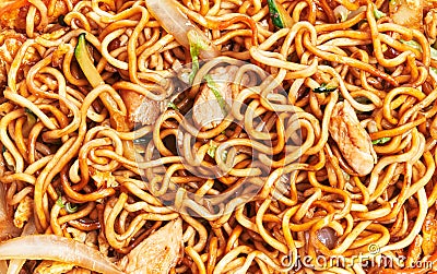 Delicious thai noodles with chicken and vegetable texture Stock Photo