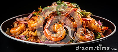 Delicious thai seafood salad on black plate with vibrant background perfect for text placement Stock Photo