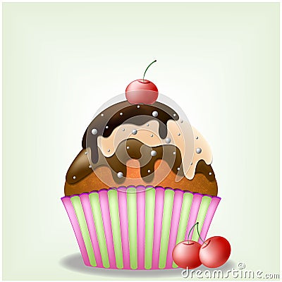 Delicious Three Chocolate Creamy Yammy Cupcake with Sweets and Cherry Berries EPS 10 Vector Stock Photo