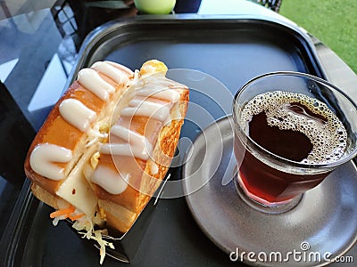 Delicious toast cheese bread with vold brew arabica Coffee Stock Photo