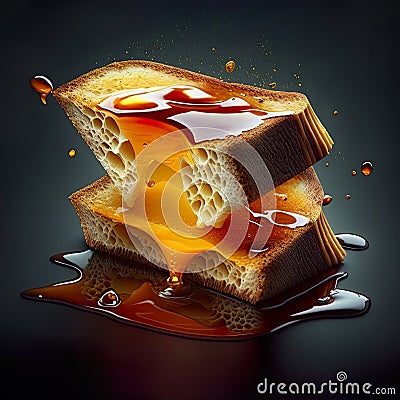 Delicious toasts with cheese with oozing honey on dark background Cartoon Illustration