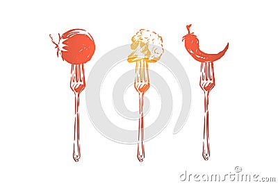 Delicious tomato, broccoli and hot chili pepper, vegetarian lifestyle, natural meal, salad ingredients Vector Illustration