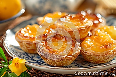 Delicious Traditional Portuguese Egg Tart Pastries on Plate with Citrus Decorations Stock Photo