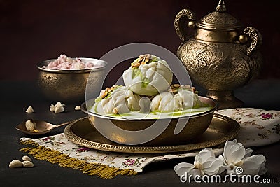 Delicious traditional sweet item called Malai Ghevar or Ghewar, an Indian Rajasthani special authentic dessert made and eaten Stock Photo