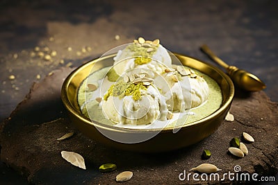 Delicious traditional sweet item called Malai Ghevar or Ghewar, an Indian Rajasthani special authentic dessert made and eaten Stock Photo