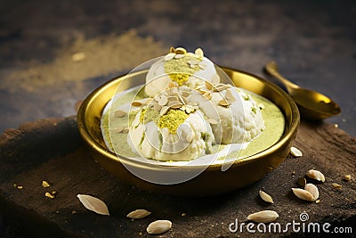 Delicious traditional sweet item called Malai Ghevar or Ghewar, an Indian Rajasthani special authentic dessert made and eaten Stock Photo