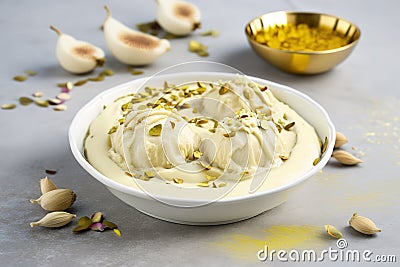 Delicious traditional sweet item called Malai Ghevar or Ghewar, an Indian Rajasthani special authentic dessert made and eaten Stock Photo