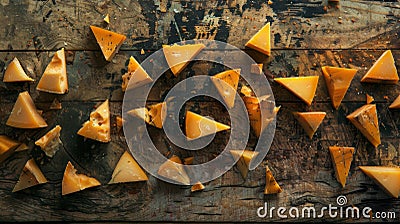 Delicious triangular cheese chunks artfully arranged on a rustic table for visual appeal Stock Photo