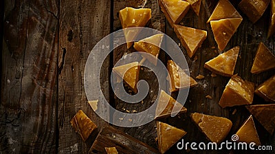 Delicious triangular cheese chunks displayed on a rustic table, showcasing their unique shapes Stock Photo
