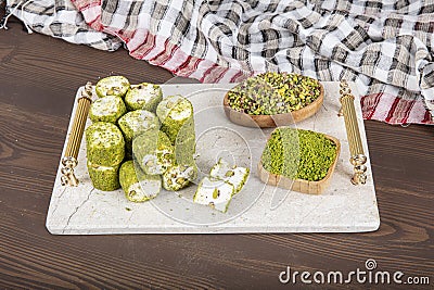 Delicious Turkish Delight with pistachios. Assortment of Turkish delight with pistachio. Mixed Turkish Delight. local name Antep Stock Photo