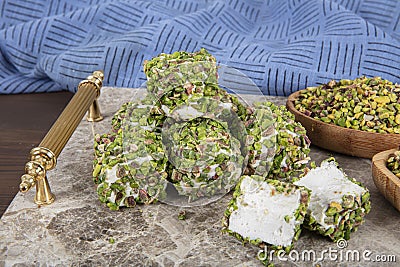 Delicious Turkish Delight with pistachios. Assortment of Turkish delight with pistachio. Mixed Turkish Delight. local name Antep Stock Photo