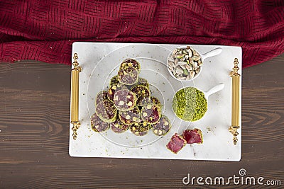 Delicious Turkish Delight with pistachios. Assortment of Turkish delight with pistachio. Mixed Turkish Delight. local name Antep Stock Photo