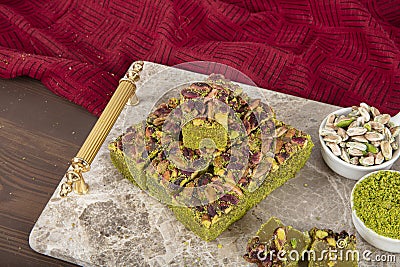 Delicious Turkish Delight with pistachios. Assortment of Turkish delight with pistachio. Mixed Turkish Delight. local name Antep Stock Photo