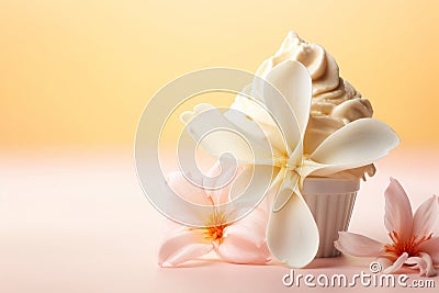 a delicious vanilla ice cream with flowers with bright background generative AI Stock Photo