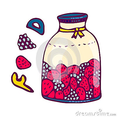 Delicious vegan jam in a jar, made of ripe juicy strawberry covered with textile cap. Vector Illustration