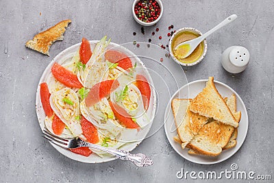 Delicious vegetarian fresh salad of fennel and grapefruit with a spicy dressing Stock Photo