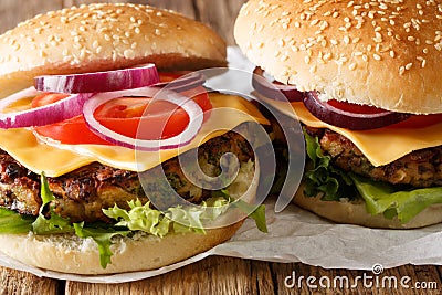 Delicious veggie burger with mushroom patty, fresh lettuce, onions, tomatoes and cheddar cheese close-up. horizontal Stock Photo