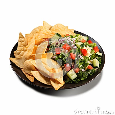 Delicious Veggie Salad And Chips On A Black Plate Stock Photo
