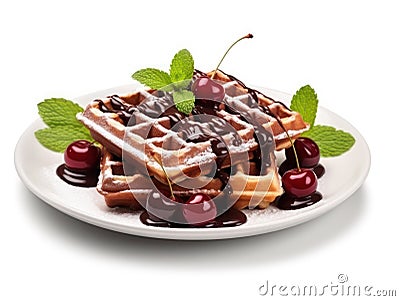 Delicious Viennese waffles with cherry, chocolate and mint on white plate, isolated on white, close-up Stock Photo