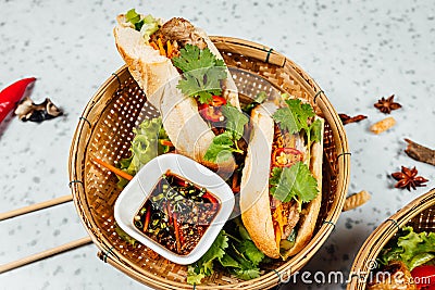 Delicious Vietnamese food including Pho ga, noodles, spring rolls on white background Stock Photo