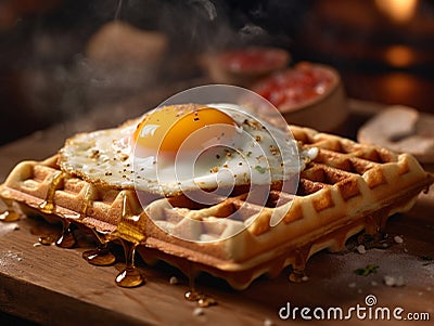 A delicious waffle served with a half-cooked fried egg on top. Stock Photo