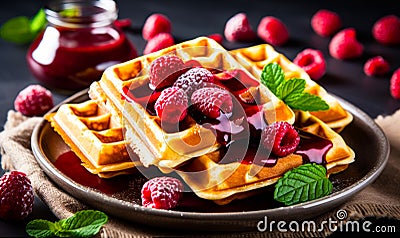 Delicious waffles with berries. Plate of belgian waffles with fruits. Generative AI Stock Photo