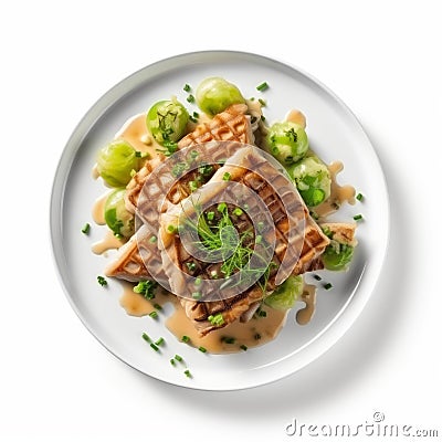 Delicious Waffles Dish With Roasted Grouper Steak And Celery Stock Photo