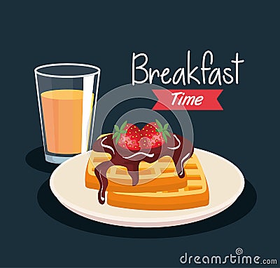 Delicious waffles with strawberries and orange juice Vector Illustration