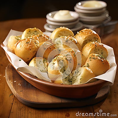 Delicious warm garlic rolls in a basket. Stock Photo