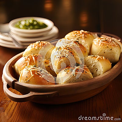 Delicious warm garlic rolls in a basket. Stock Photo