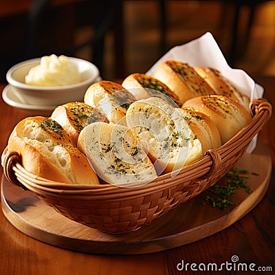 Delicious warm garlic rolls in a basket. Stock Photo