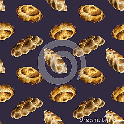 Delicious watercolor challah bread watercolor seamless pattern on dark purple background with Jewish braided loafs Stock Photo