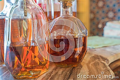 Delicious whiskey based cocktails and bottles of assorted alcoholic beverages Stock Photo