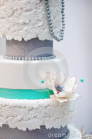 Delicious white and grey wedding or birthday cake Stock Photo