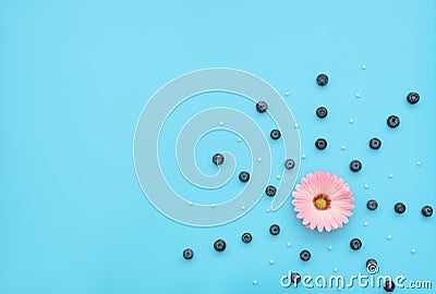 Delicious white merengues, fresh blueberries and a flower on blue background. Happy day, breakfast, good morning concepts. Time Stock Photo
