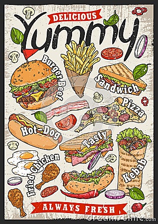 Delicious yummy vintage flyer colorful Vector Illustration