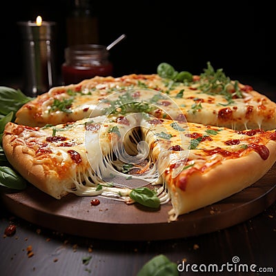 Deliciously cheesy Italian pizza slice, with four cheeses and basil Stock Photo