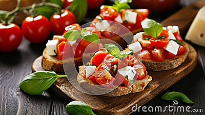 Deliciously Fresh and Wholesome Bruschetta: Mozzarella, Tomatoes, and Basil - A Nourishing and Veget Stock Photo