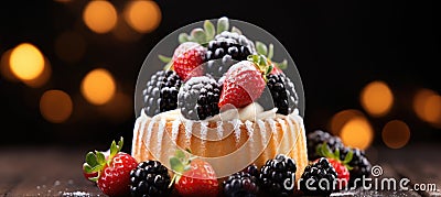 Deliciously freshly baked easter kulich or cake, beautifully decorated with icing and fresh fruits Stock Photo