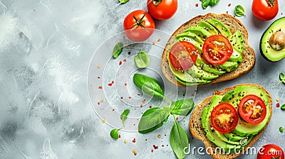 Deliciously Healthy: Captivating Avocado Toast and Tomatoes on a Light Background. Unveiling Vegetar Stock Photo