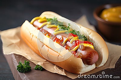 deliciously juicy hot dog topped with delicious combination of ketchup, mustard and relish Stock Photo