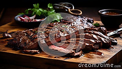 Deliciously juicy ribeye steak slices close up view of succulent, tender, and flavorful meat Stock Photo