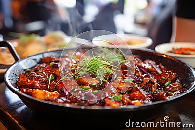 Deliciously juicy roast goose with crispy golden skin, expertly prepared in a sizzling pan Stock Photo