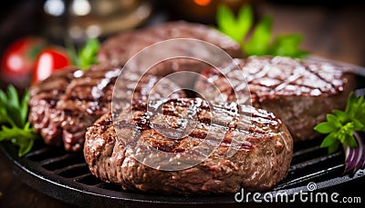 Deliciously seasoned and perfectly grilled juicy meat burger patty sizzling on a hot pan Stock Photo