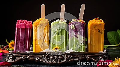 Deliciously vibrant Trio of colorful ice cream popsicles with mouthwatering flavors - strawberry, mango, and blueberry - perfect Stock Photo