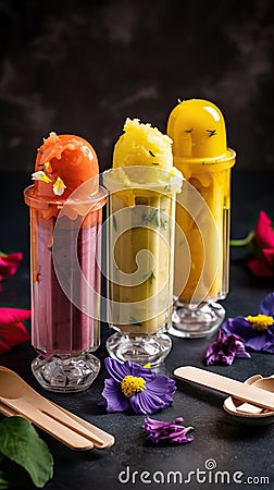 Deliciously vibrant Trio of colorful ice cream popsicles with mouthwatering flavors - strawberry, mango, and blueberry - perfect Stock Photo