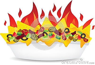 Delicous fire Supreme loaded cheese mexican nachos plate side view illustration Vector Illustration