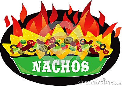 Delicous fire Supreme loaded cheese mexican nachos plate side Vector Illustration