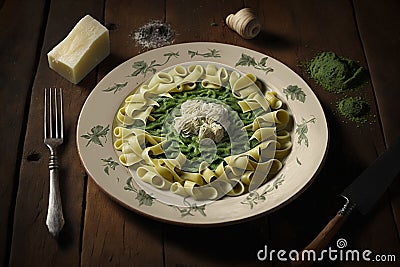 Delicous pasta carbonara, with verdure with plenty of Parmesan, beautiful table setup. Ai generated Stock Photo